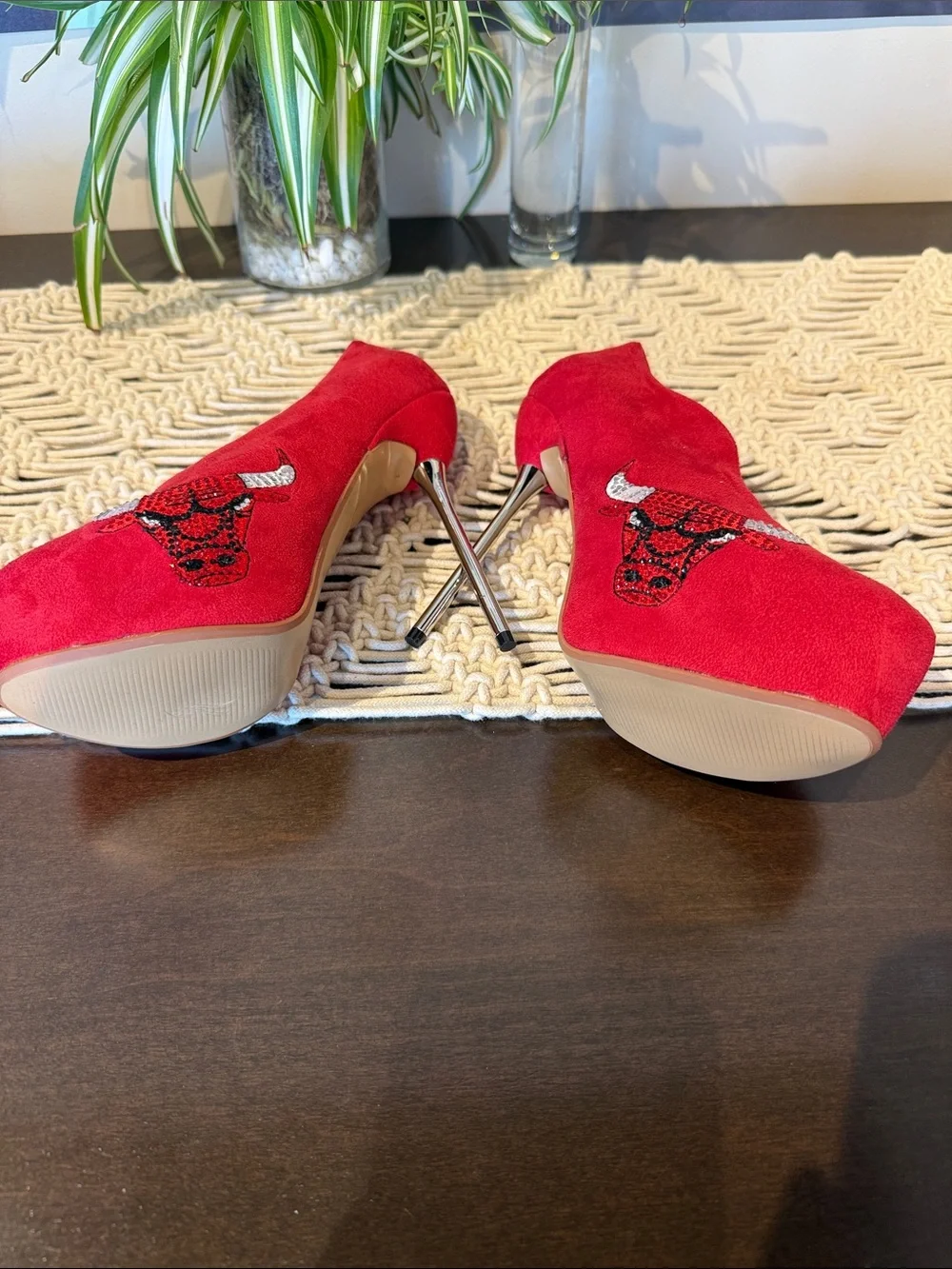 Red Suede Platform Stiletto Pump with Embellished Bull Detail